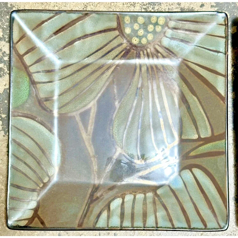 Pier 1 Imports Stoneware Plates – Set of 3 – Square Floral Pattern – Gray Green
